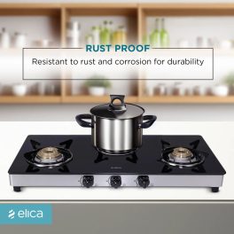 Elica 773 Ct Dt Vetro, 3 Burner Glass Top Cook-top with Stainless Steel Burner and Double Drip Tray, Black