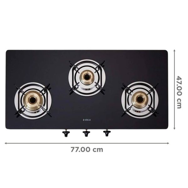 Elica 773 Ct Dt Vetro, 3 Burner Glass Top Cook-top with Stainless Steel Burner and Double Drip Tray, Black