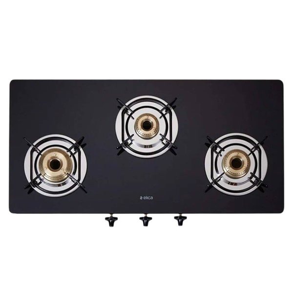 Elica 773 Ct Dt Vetro, 3 Burner Glass Top Cook-top with Stainless Steel Burner and Double Drip Tray, Black