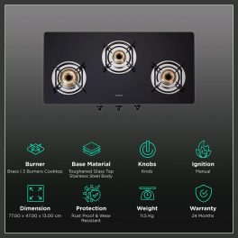 Elica 773 Ct Dt Vetro, 3 Burner Glass Top Cook-top with Stainless Steel Burner and Double Drip Tray, Black