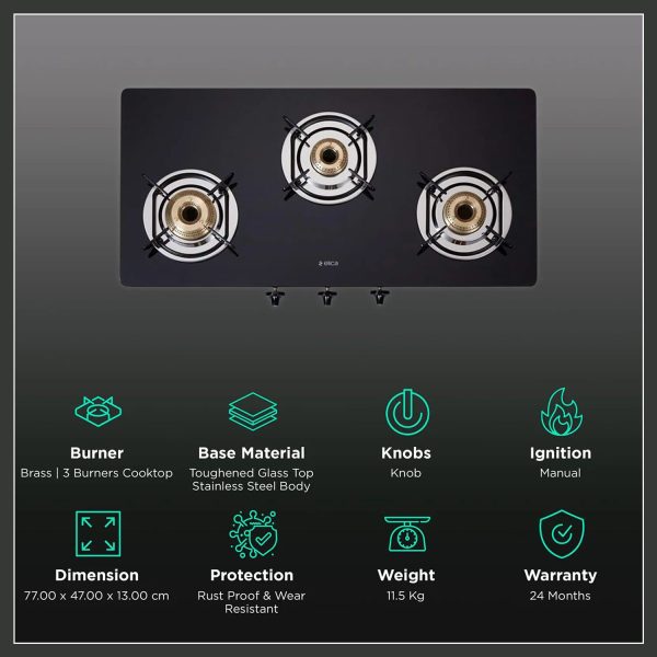 Elica 773 Ct Dt Vetro, 3 Burner Glass Top Cook-top with Stainless Steel Burner and Double Drip Tray, Black