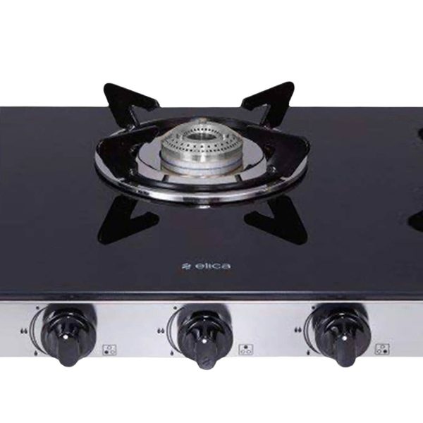Elica 773 Ct Dt Vetro, 3 Burner Glass Top Cook-top with Stainless Steel Burner and Double Drip Tray, Black