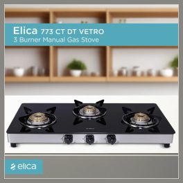 Elica 773 Ct Dt Vetro, 3 Burner Glass Top Cook-top with Stainless Steel Burner and Double Drip Tray, Black