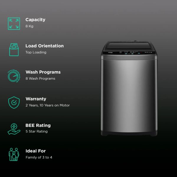 Haier HWM80-316BK, 8 Kg 5 Star Top Load Fully Automatic Washing Machine With Ultra Fresh Air, Oceanus Wave Drum, Black