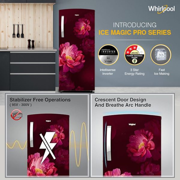 Whirlpool 230 IMPRO PRM, 207 Litre 3 Star Single Door Refrigerator with Icemagic Pro, Inverter Compressor and Insulated Capillary, Wine Peony