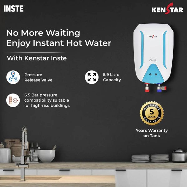 Kenstar INSTE 5.9 L, Free Pipe, 3000-Watts Powerful Heating, Electric Instant Water Heater (Geyser) High Grade SS Tank with Advanced 4 Level Safety Rust-Proof, White & Green