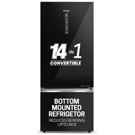 Haier 325 Litres 2 Star Convertible 14-in-1 Triple Inverter & Fan Motor Technology, with Display Frost Free Double Door Refrigerator (HRB-3752PKG-P Black Glass)