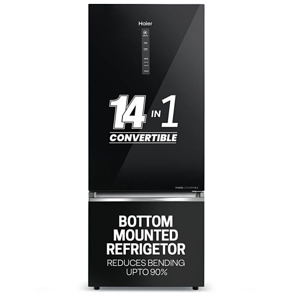 Haier 325 Litres 2 Star Convertible 14-in-1 Triple Inverter & Fan Motor Technology, with Display Frost Free Double Door Refrigerator (HRB-3752PKG-P Black Glass)