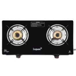 Livpure Luna 2B, 2 Burner Manual Ignition Cook-top with Pan Support, Heat Guard, Elegant Brass Burners & Valve, Black