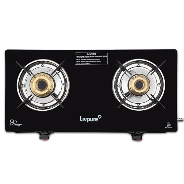Livpure Luna 2B, 2 Burner Manual Ignition Cook-top with Pan Support, Heat Guard, Elegant Brass Burners & Valve, Black