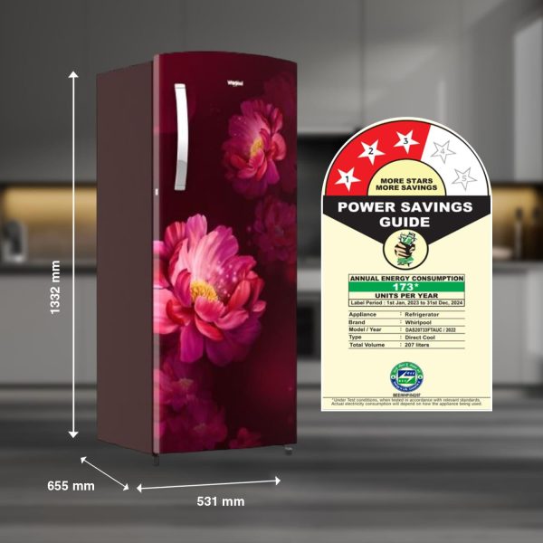 Whirlpool 230 IMPRO PRM, 207 Litre 3 Star Single Door Refrigerator with Icemagic Pro, Inverter Compressor and Insulated Capillary, Wine Peony