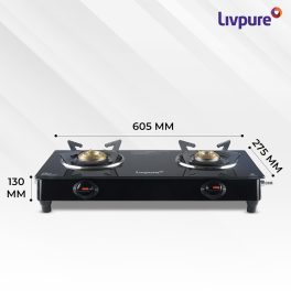 Livpure Luna 2B, 2 Burner Manual Ignition Cook-top with Pan Support, Heat Guard, Elegant Brass Burners & Valve, Black