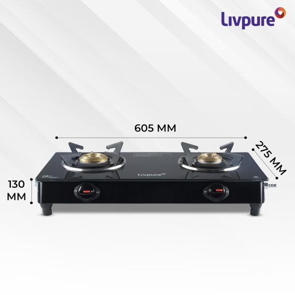 Livpure Luna 2B, 2 Burner Manual Ignition Cook-top with Pan Support, Heat Guard, Elegant Brass Burners & Valve, Black