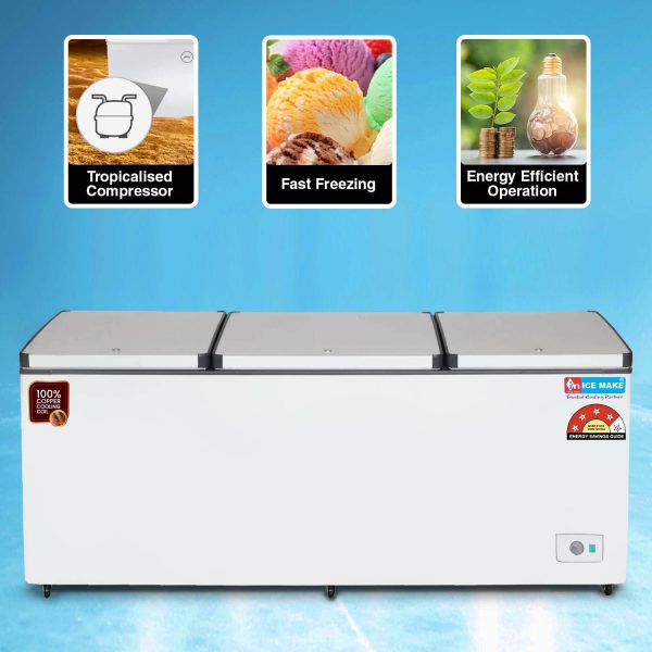 Icemake IHT650 TD, 600 Litre 4 Star 2 In 1 Convertible Triple Door Deep Freezer, 100% Copper Cooling Coil with Auto Defrost, White