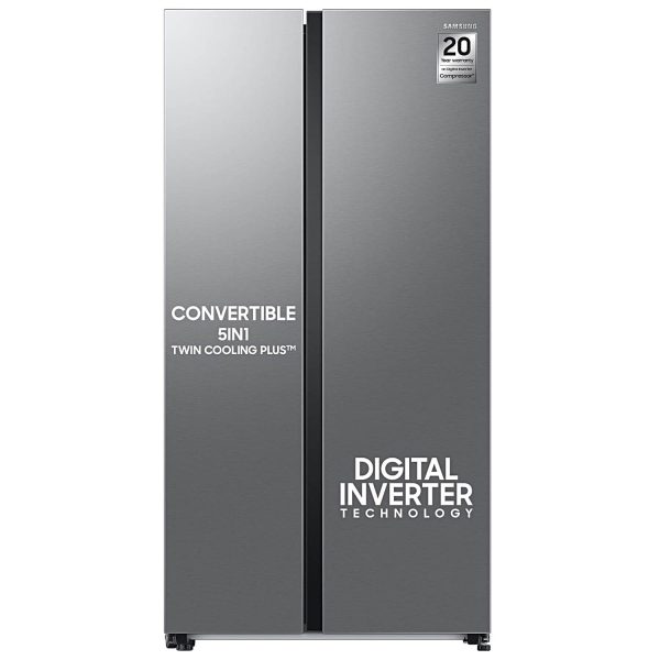 Samsung RS76CG80X0S9, 653 Litre 2 Star Side by Side Refrigerator with 5-in-1 Convertible Modes and 20 Year Compressor Warranty, Refined Inox