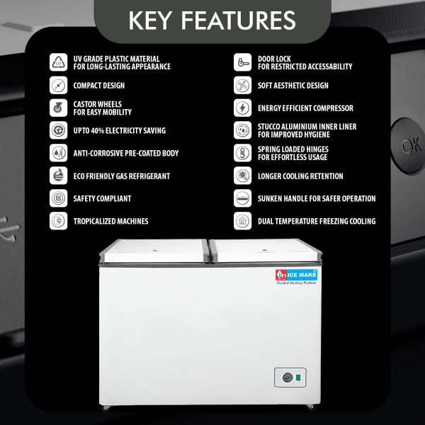 Icemake IHT350 DD, 305 Litre 4 Star Convertible Double Door Auto Defrost Deep Freezer, White