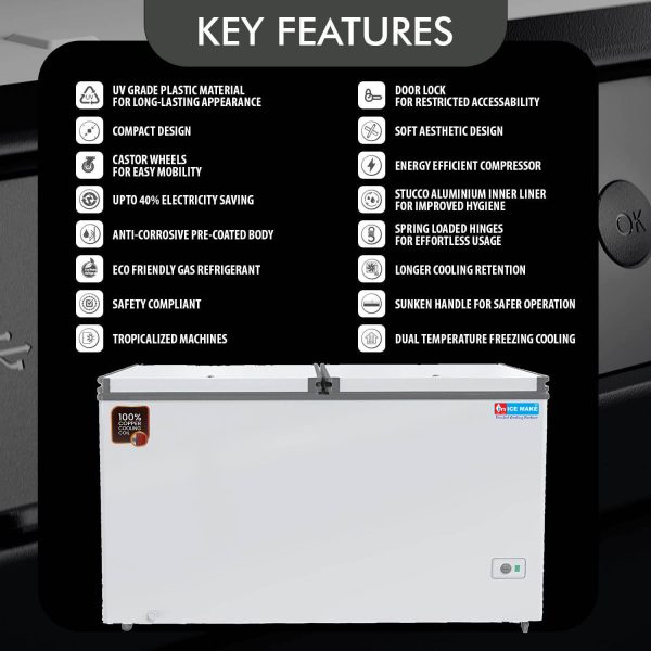 Icemake IHT550 DD, 505 Litre 4 Star Convertible Double Door Deep Freezer, 100 % Cooper Cooling Coil with Auto Defrost, White
