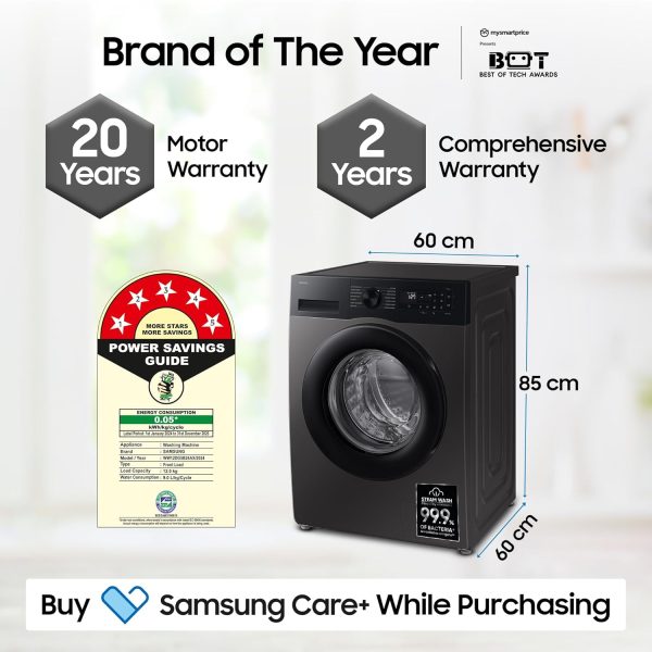 Samsung WW12DG5B24AXTL, 12Kg Fully Automatic Front Load Machine with AI Ecobubble, AI Energy Mode and 20 Year Motor Warranty, Inox