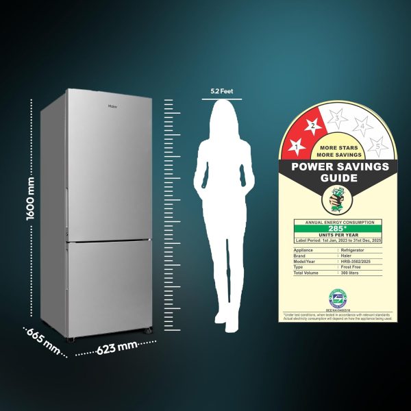 Haier 300 L, 2 Star, Twin Inverter Technology, Frost Free Double Door Bottom Mount Refrigerator (HRB-3502BS-P, Brushline Silver)