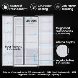 Samsung RS76CG80X0S9, 653 Litre 2 Star Side by Side Refrigerator with 5-in-1 Convertible Modes and 20 Year Compressor Warranty, Refined Inox