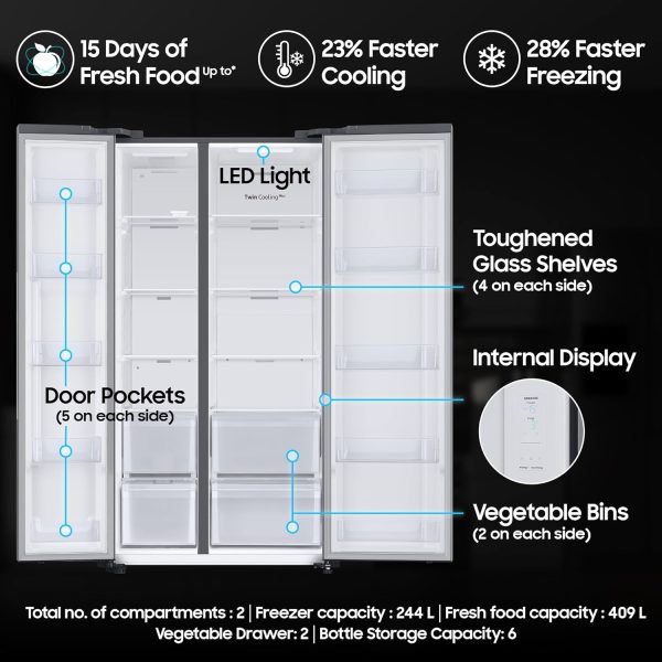 Samsung RS76CG80X0S9, 653 Litre 2 Star Side by Side Refrigerator with 5-in-1 Convertible Modes and 20 Year Compressor Warranty, Refined Inox