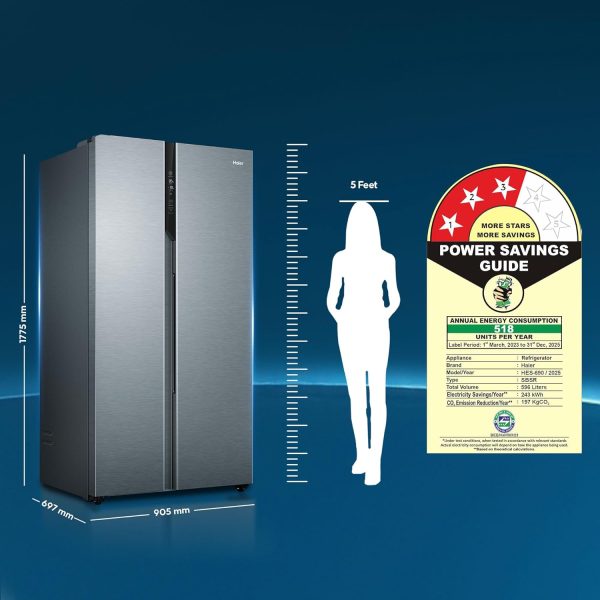 Haier HES-690SS, 596 Litre 3 Star Side-by-Side Refrigerator with 100% Convertible Fridge Space and Expert Inverter Technology, Shiny Silver