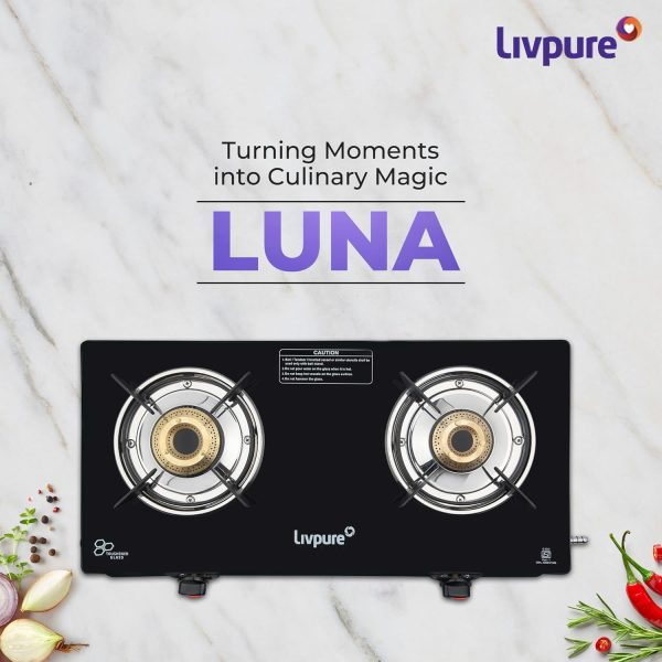 Livpure Luna 2B, 2 Burner Manual Ignition Cook-top with Pan Support, Heat Guard, Elegant Brass Burners & Valve, Black