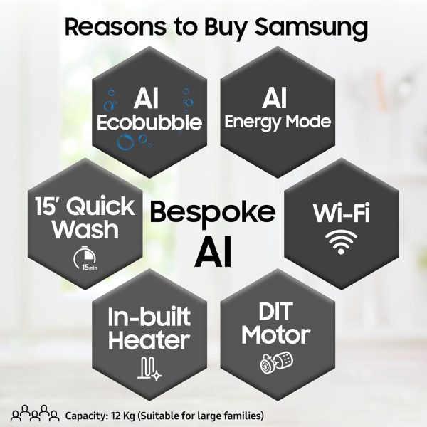 Samsung WW12DG5B24AXTL, 12Kg Fully Automatic Front Load Machine with AI Ecobubble, AI Energy Mode and 20 Year Motor Warranty, Inox