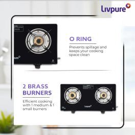 Livpure Luna 2B, 2 Burner Manual Ignition Cook-top with Pan Support, Heat Guard, Elegant Brass Burners & Valve, Black