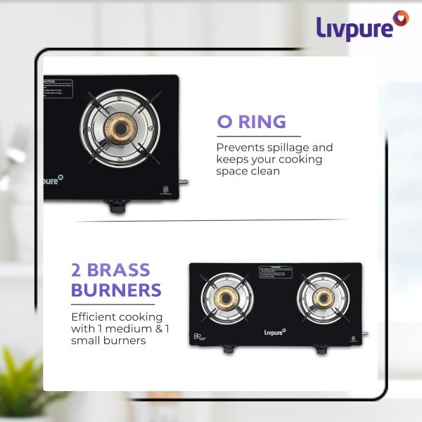 Livpure Luna 2B, 2 Burner Manual Ignition Cook-top with Pan Support, Heat Guard, Elegant Brass Burners & Valve, Black