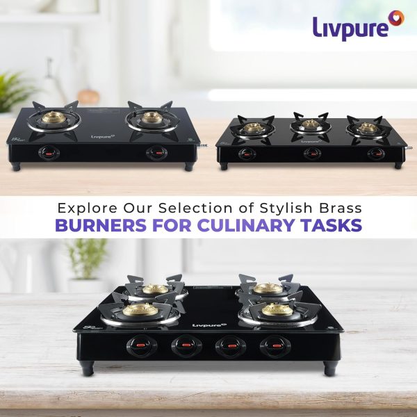 Livpure Luna 2B, 2 Burner Manual Ignition Cook-top with Pan Support, Heat Guard, Elegant Brass Burners & Valve, Black