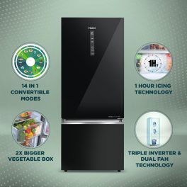 Haier 325 Litres 2 Star Convertible 14-in-1 Triple Inverter & Fan Motor Technology, with Display Frost Free Double Door Refrigerator (HRB-3752PKG-P Black Glass)