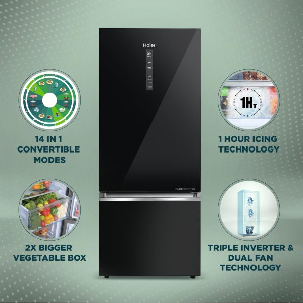 Haier 325 Litres 2 Star Convertible 14-in-1 Triple Inverter & Fan Motor Technology, with Display Frost Free Double Door Refrigerator (HRB-3752PKG-P Black Glass)