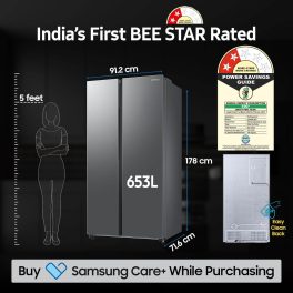 Samsung RS76CG80X0S9, 653 Litre 2 Star Side by Side Refrigerator with 5-in-1 Convertible Modes and 20 Year Compressor Warranty, Refined Inox