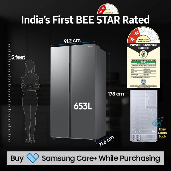 Samsung RS76CG80X0S9, 653 Litre 2 Star Side by Side Refrigerator with 5-in-1 Convertible Modes and 20 Year Compressor Warranty, Refined Inox