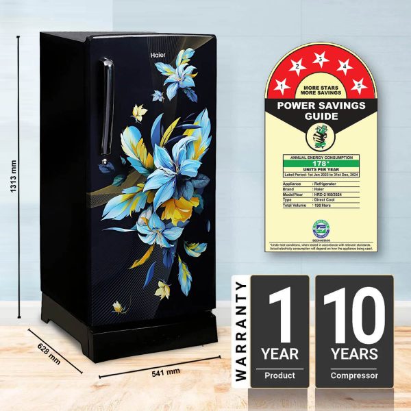 Haier 190 L, 5 Star, Black Opal Finish Direct Cool Single Door Refrigerator with Base Drawer REF HRD-2105PKO-P