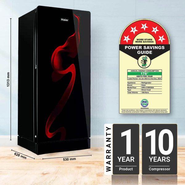 Haier 190 L, 5 Star, Spiral Glass Finish Direct Cool Single Door Refrigerator with Base Drawer REF HRD-2105PSG-P