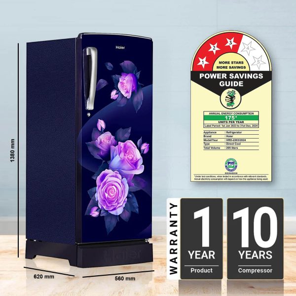 Haier 205 L, 3 Star, Marine rose Finish Direct Cool Single Door Refrigerator with Base Drawer REF HRD-2263PMR-N