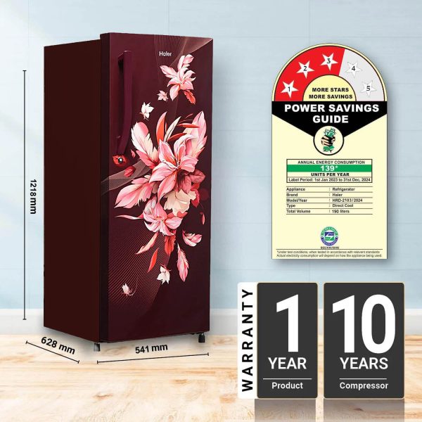 Haier HRD-2103CRO-P, 190 Litre 3 Star Direct Cool-Single Door Refrigerator with 1 Hour Icing Technology, Red Opal