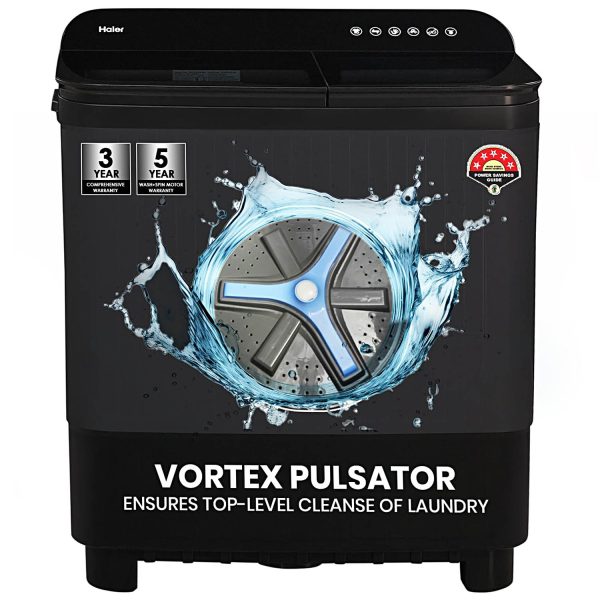 Haier 10 kg 5 Star Toughened Glass & Vortex pulsator Semi Automatic Top Load (HTW100-178BKN,Black)