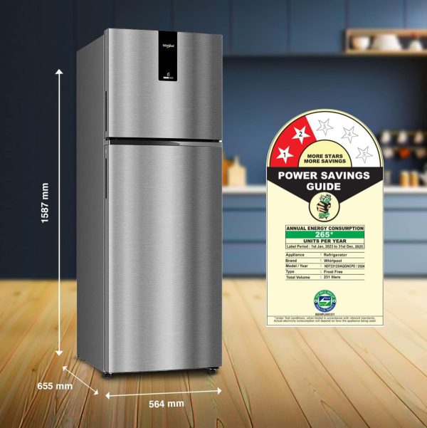 Whirlpool Neo DF278 PRM, 235 Litre 2 Star Frost Free inverter Double Door Refrigerator with Upto 17 Hours of Cooling Retention, Radiant Steel