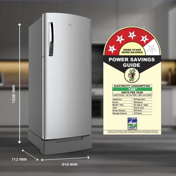 Whirlpool 260 Impro Plus Roy Inv, 236 Litre 4 Star Direct Cool-Single Door Refrigerator with Base Drawer, Inverter Compressor, 4-in-1 Cooling Modes and 1 Hour Icing Technology, Alpha Steel