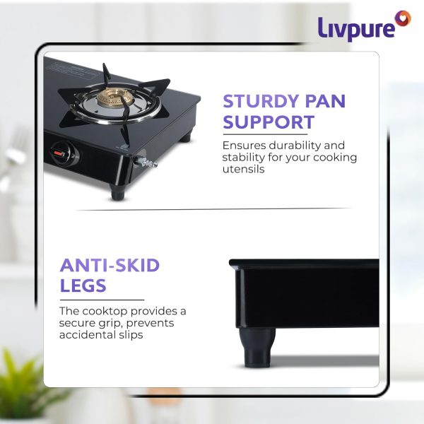 Livpure Luna 2B, 2 Burner Manual Ignition Cook-top with Pan Support, Heat Guard, Elegant Brass Burners & Valve, Black