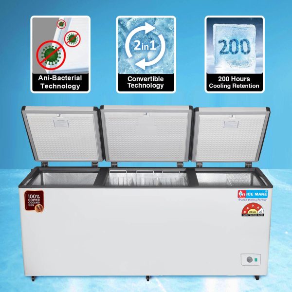 Icemake IHT650 TD, 600 Litre 4 Star 2 In 1 Convertible Triple Door Deep Freezer, 100% Copper Cooling Coil with Auto Defrost, White