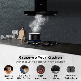 Haier 90cm 1350 m3/hr High Suction AutoClean Kitchen Chimney(HIH-T90HM-V,2+6 Years Warranty on Motor & Rotor,Touch+Gesture Control,Black)