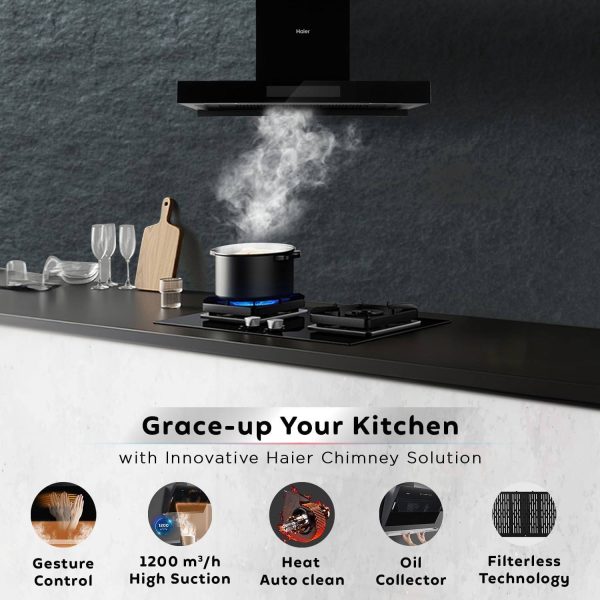 Haier 90cm 1350 m3/hr High Suction AutoClean Kitchen Chimney(HIH-T90HM-V,2+6 Years Warranty on Motor & Rotor,Touch+Gesture Control,Black)