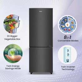 Haier 237 L, 2 Star, 8 In 1 Convertible, Twin Inverter Technology, Frost Free Double Door Bottom Mount Refrigerator (HRB-2872BGB-P Black, 2024 Model)