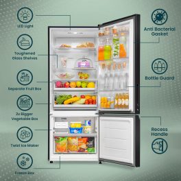 Haier 325 Litres 2 Star Convertible 14-in-1 Triple Inverter & Fan Motor Technology, with Display Frost Free Double Door Refrigerator (HRB-3752PKG-P Black Glass)