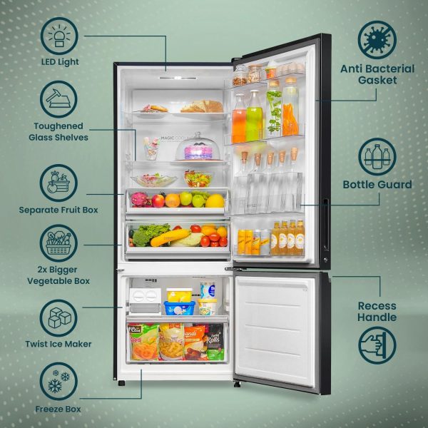 Haier 325 Litres 2 Star Convertible 14-in-1 Triple Inverter & Fan Motor Technology, with Display Frost Free Double Door Refrigerator (HRB-3752PKG-P Black Glass)