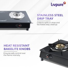 Livpure Luna 2B, 2 Burner Manual Ignition Cook-top with Pan Support, Heat Guard, Elegant Brass Burners & Valve, Black